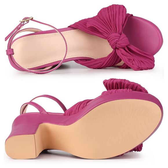 Women's Platform Pleated Bow Slingback Block High Heel Sandals Hot Pink - Picture 5 of 6
